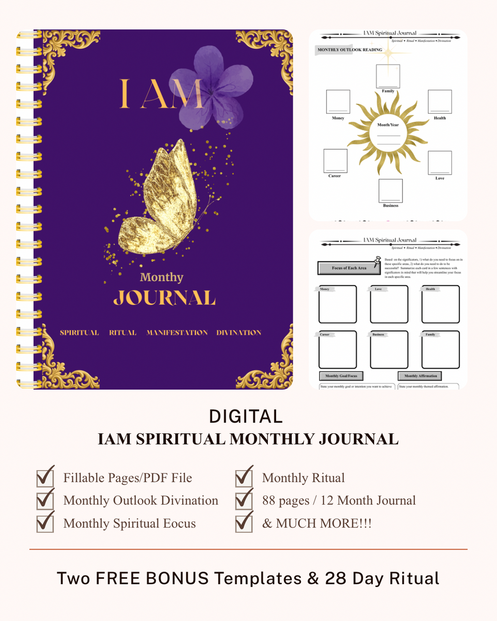 The IAM Spiritual Monthly Journal- Digital PDF w/ Fillable Page (2 FREE Bonus Templates)
