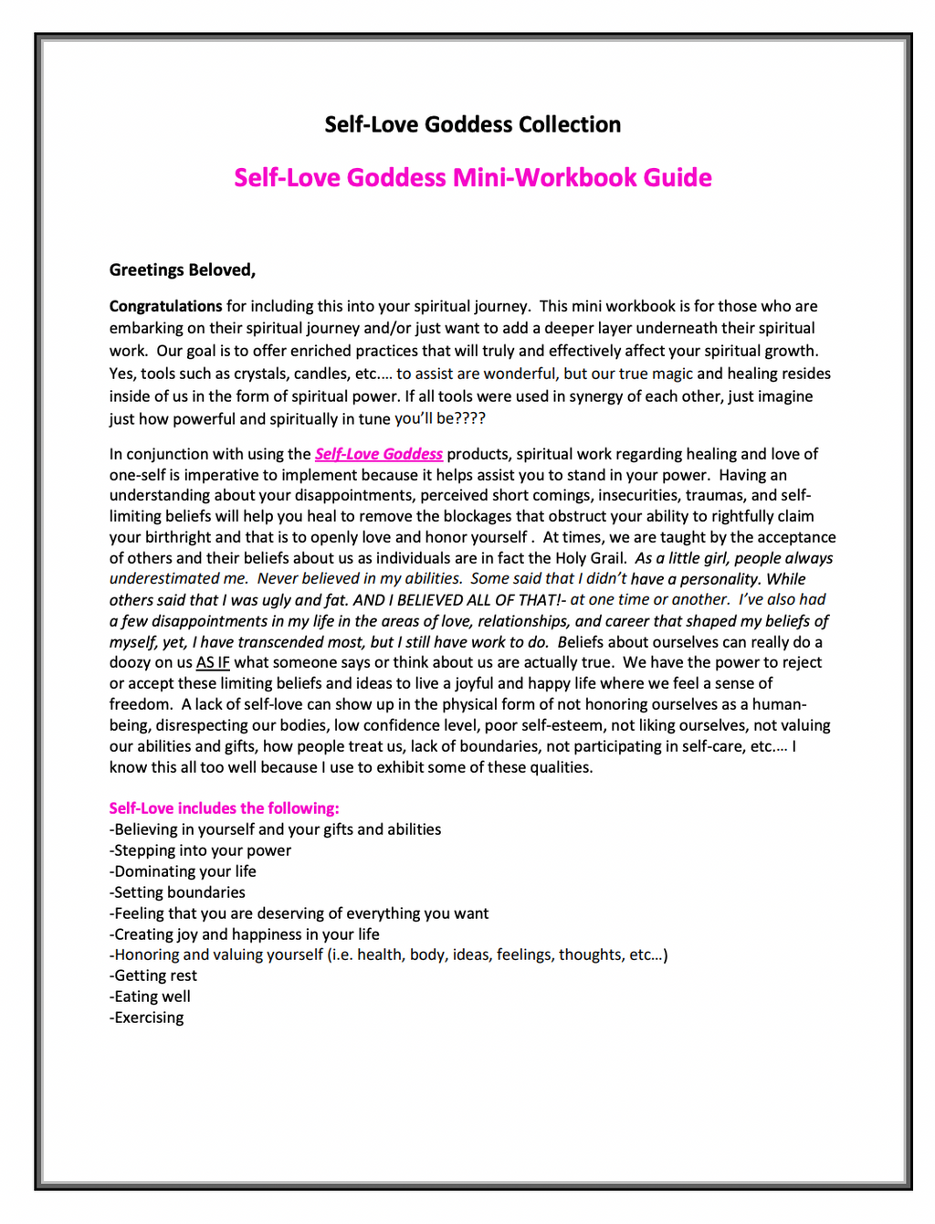 Self-Love Goddess Spiritual Mini Workbook Guide PDF (Downloadable)