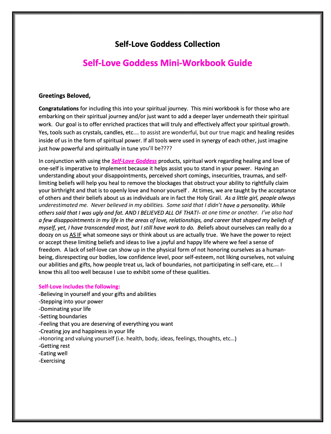 Self-Love Goddess Spiritual Mini Workbook Guide PDF (Downloadable)